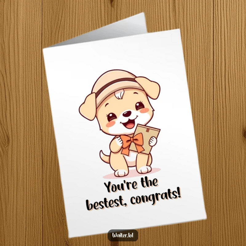 Funny Free Printable Congratulations Card: A giggling puppy wearing a hat and bow proudly carries a menu, celebrating achievements with festive flair.