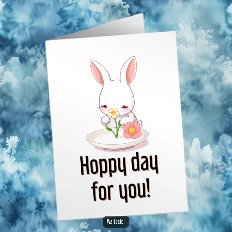 Funny Free Printable Congrats Card: A gentle rabbit offers a flower on a miniature plate for congratulations.