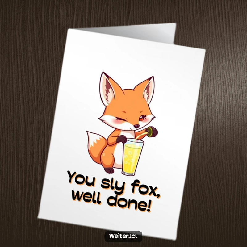 Funny Free Printable Congrats Card: Fox delightfully pouring a drink with a cheeky expression, ideal for celebrating achievements, DIY gift.
