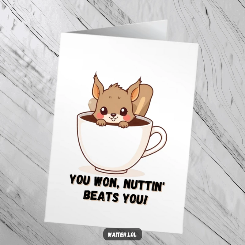 Funny Free Printable Congrats Card: A curious squirrel peeks from a giant coffee cup to share big news.