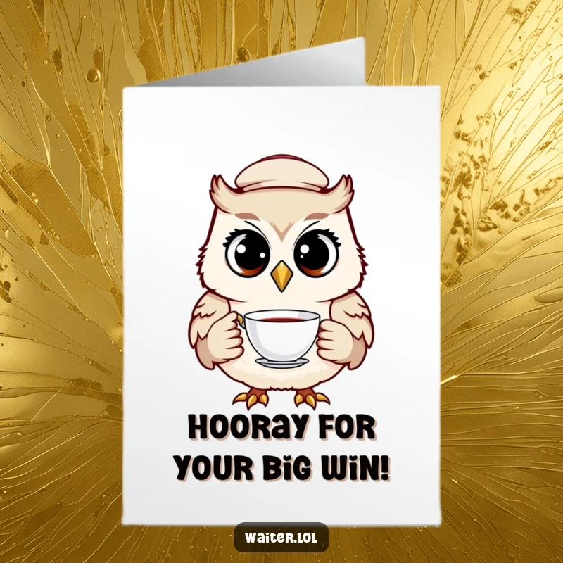 Funny Free Printable Congratulations Card showcasing a wise owl waiter with a cap, presenting a teacup, implying skillful service and good news.