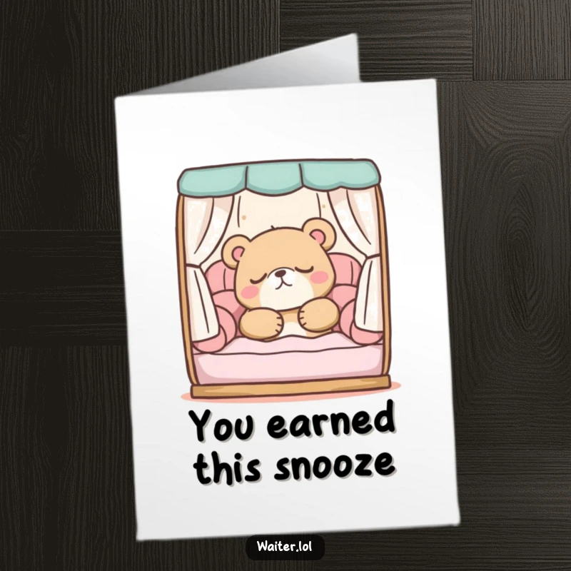 Funny free printable congratulations card: a sleepy bear character snoozes soundly in a booth, celebrating their victory in comfort.