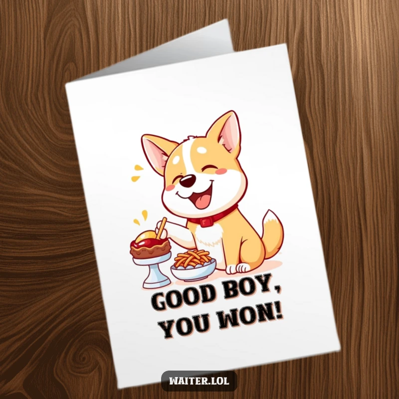 Funny Free Printable Congratulations Card: A happy dog excitedly points to a delicious item, a humorous way to convey congratulations.