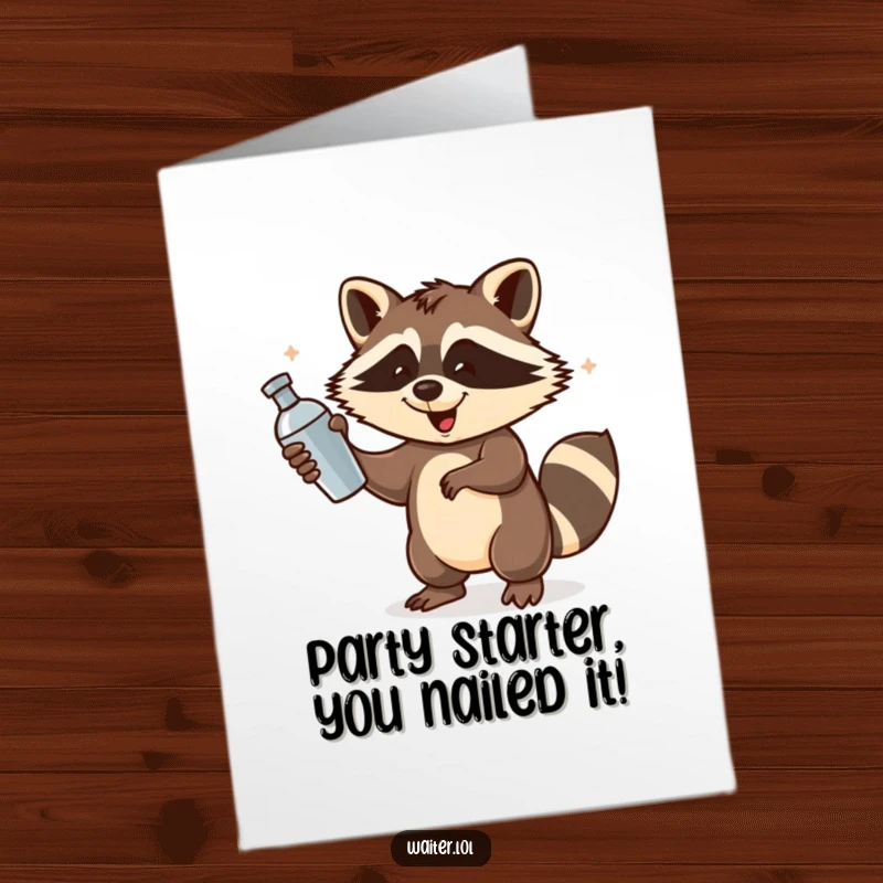 Funny Free Printable Congratulations Card: A playful raccoon with a flourish spins a cocktail shaker, celebrating with humorous energy.