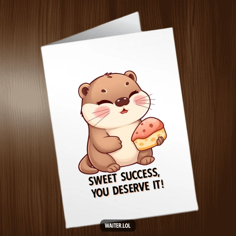 Funny Free Printable Congratulations Card: A cute otter winks playfully, offering a delicious pastry as a humorous congratulatory gift.