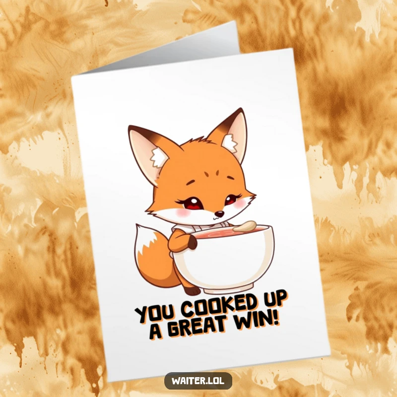 Funny free printable congratulations card with a curious cartoon fox wearing an apron, looking into a steaming bowl, celebrating your news.