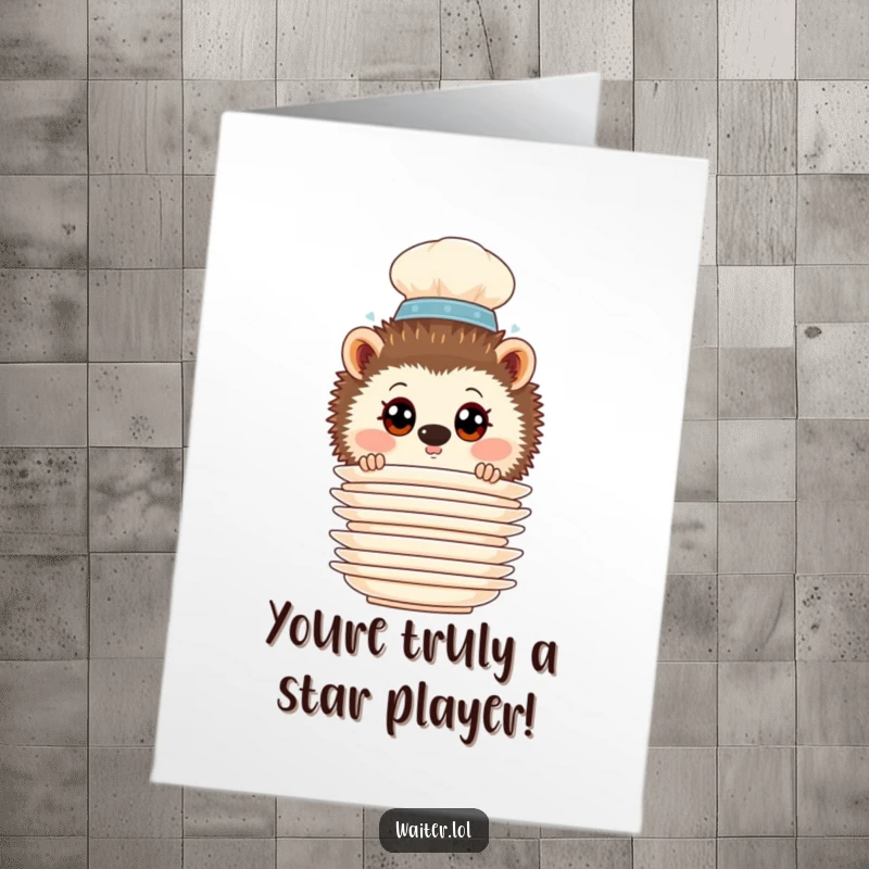 Funny free printable congratulations card of a curious hedgehog waiter peeking over a stack of dishes.