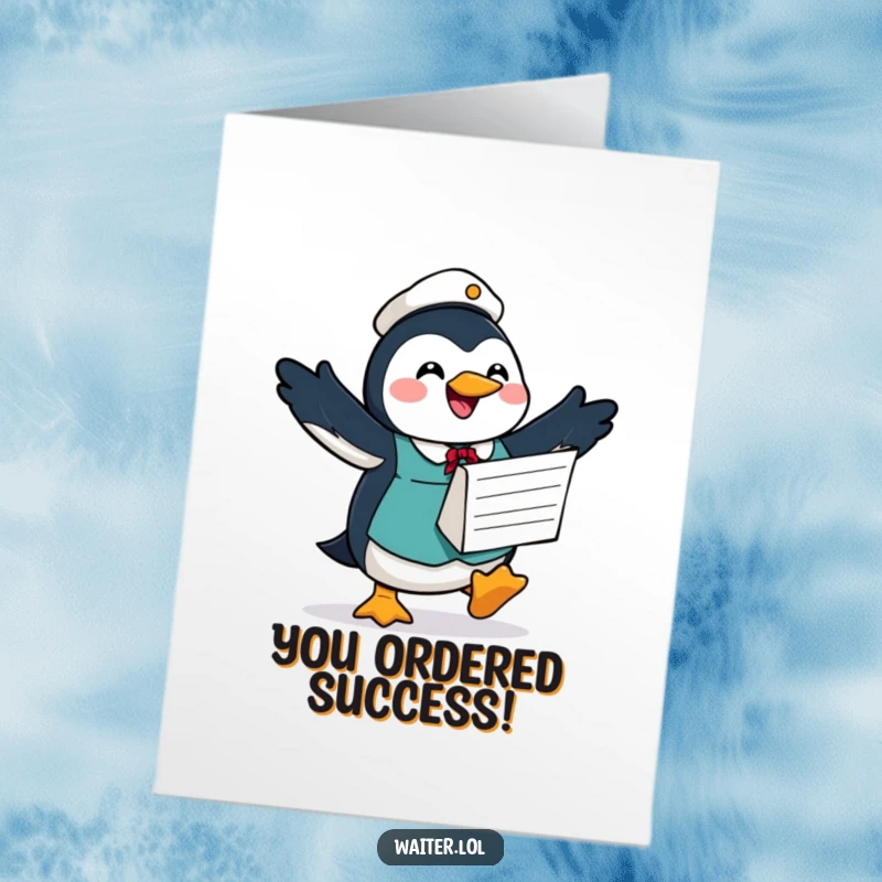 Funny Free Printable Congratulations Card: A hopeful penguin waiter presents a giant order form for celebrating success.