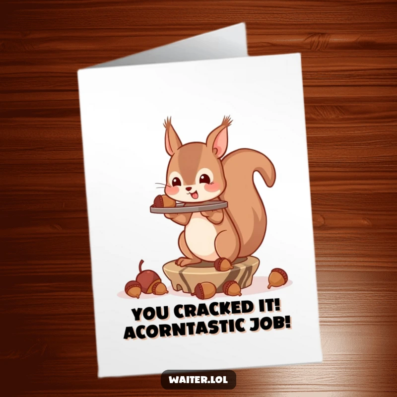 Funny Free Printable Squirrel Congrats Card: A squirrel triumphantly balances acorns, a testament to chaotic success, perfect for congratulations.