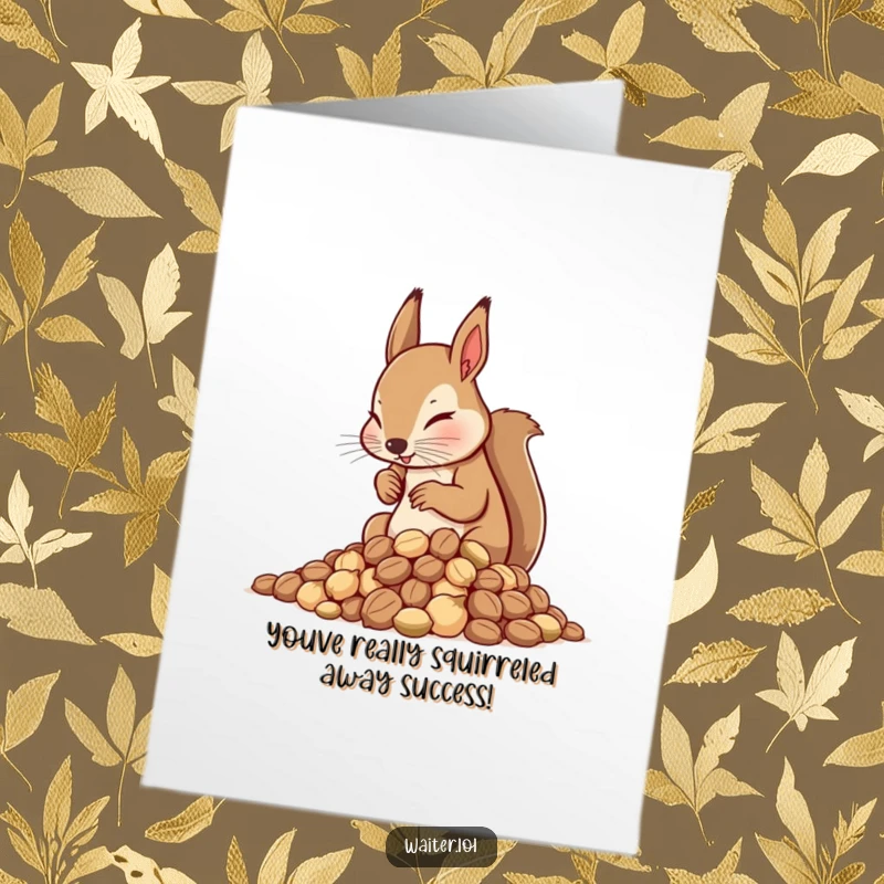 Funny free printable congratulations card with a focused squirrel waiter arranging a pile of nuts.