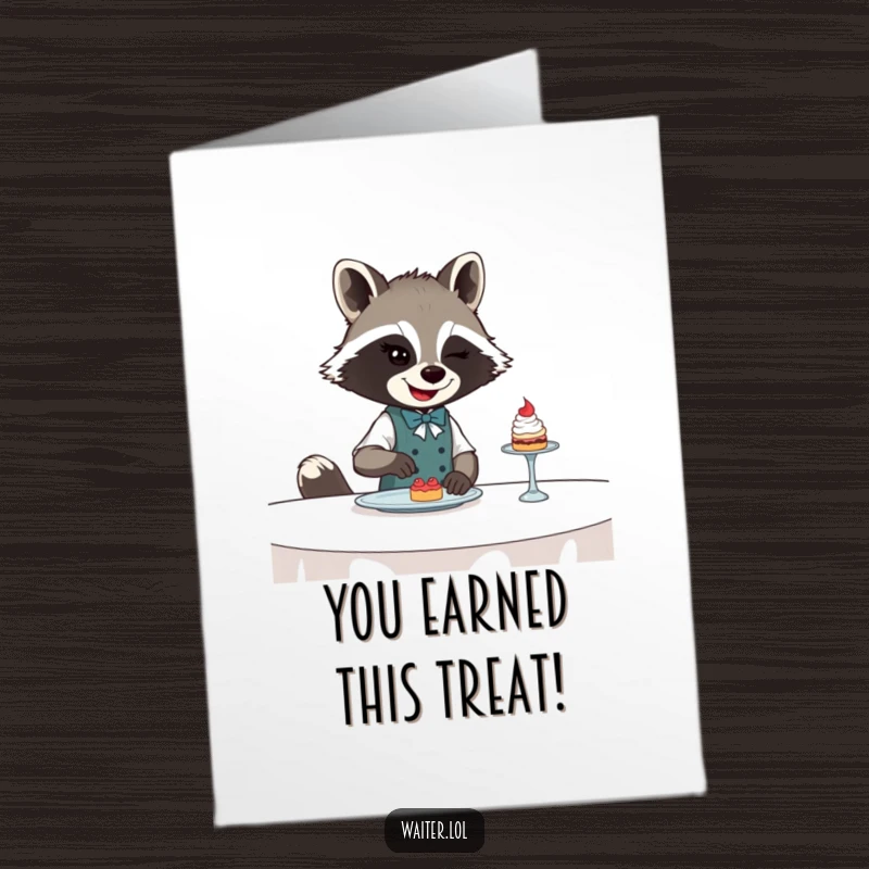 Funny free printable congratulations card of a winking raccoon waiter delivering a small, delicious treat.