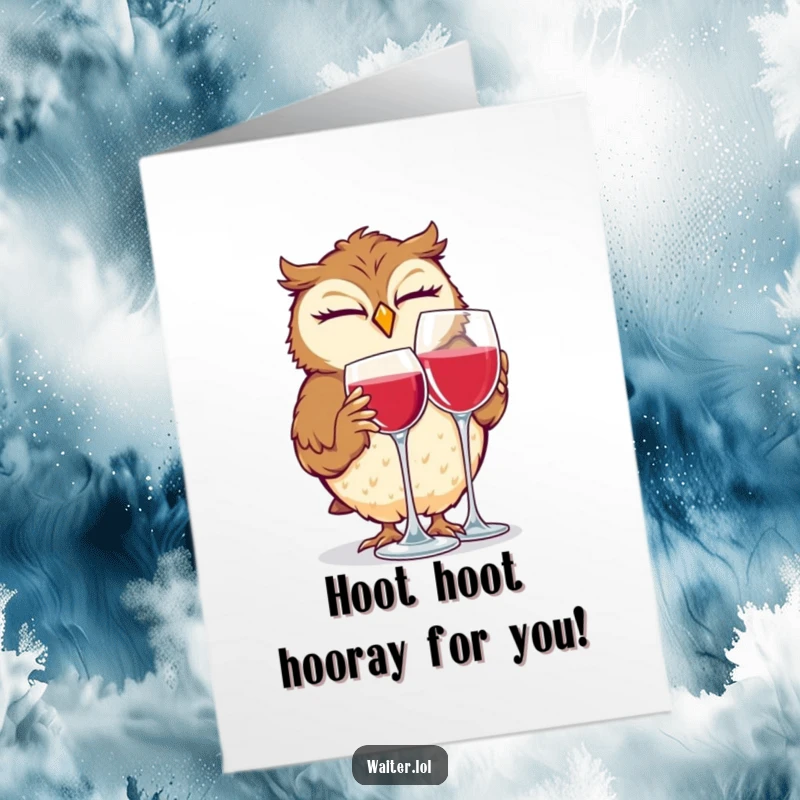 Funny free printable congratulations card showing a giggling owl winking while polishing a wine glass with sheer delight.