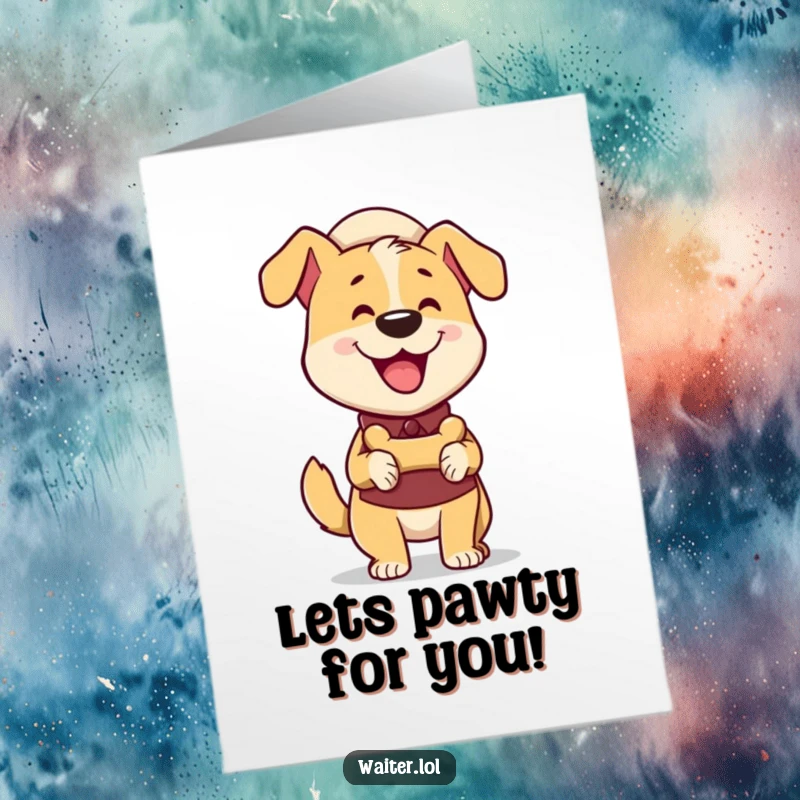 Funny free printable congratulations card featuring a delighted dog waiter holding a bone-shaped surprise.