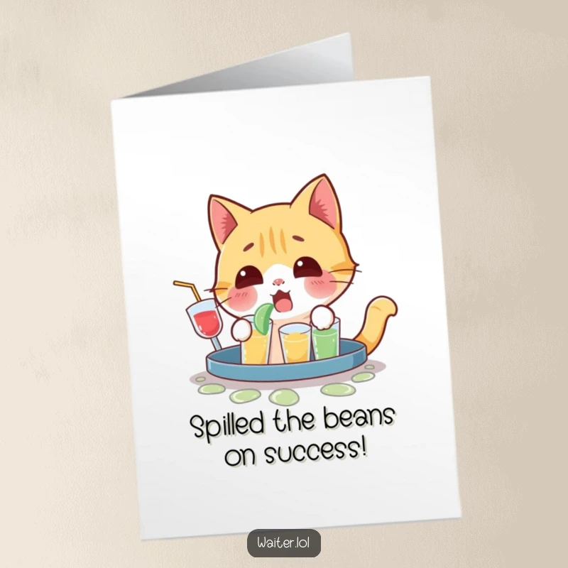 Funny free printable congratulations card featuring a surprised cat yelping after spilling a tray full of drinks.