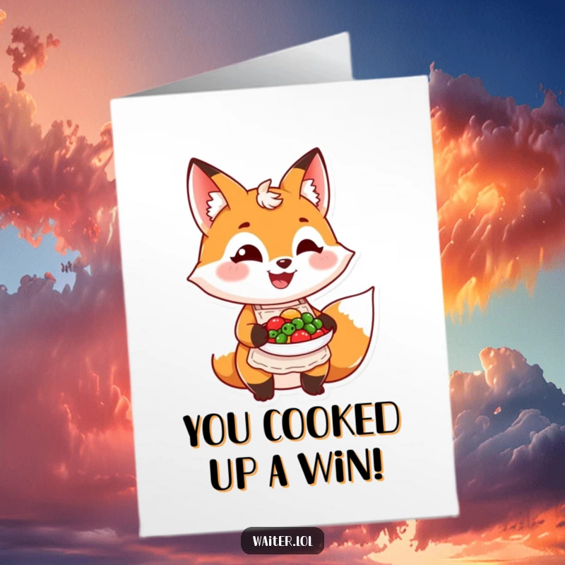 Funny Free Printable Congratulations Card: A grinning fox chef in an apron proudly displays a delicious dish, celebrating success.