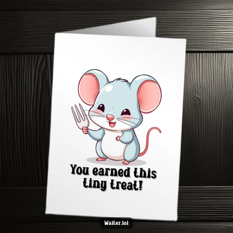 Funny free printable congratulations card showing a charming mouse extending a tiny fork with a polite, encouraging nod.
