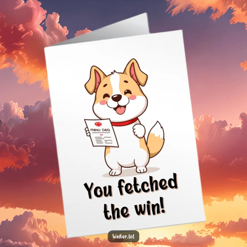 Funny free printable congratulations card: a cute dog happily presents a menu, tail wagging with excitement.