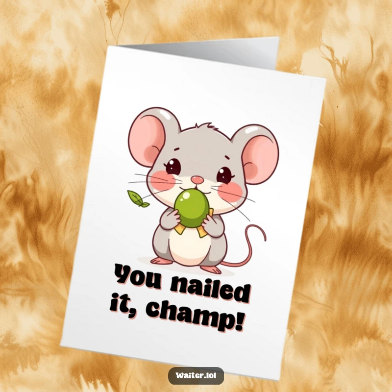 Funny Free Printable Congratulations Card with a tiny mouse bowing politely, offering a single olive, ideal for celebrating wins.