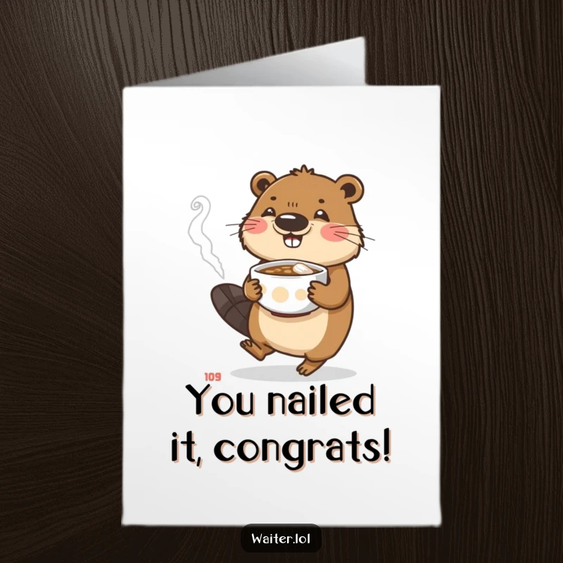 Funny Free Printable Congratulations Card: A busy beaver diligently carrying a steaming bowl, ensuring a safe and careful delivery.