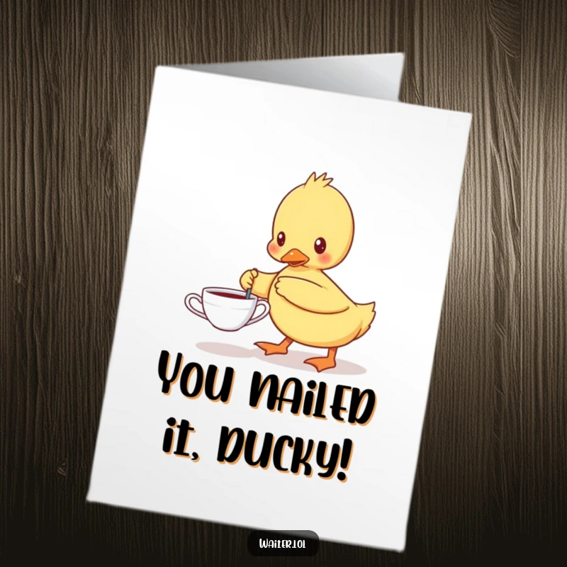 Funny Free Printable Congrats Card: Determined duckling carefully carrying a single teacup, celebrating an achievement, downloadable art.
