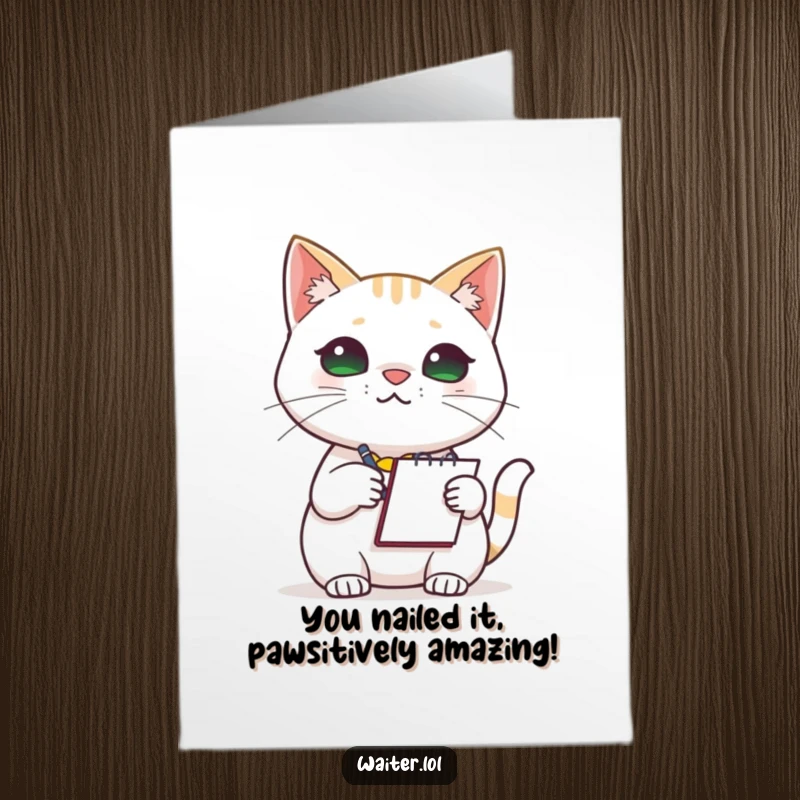 Funny Free Printable Congratulations Card: A focused cat barista wearing an apron and holding a notepad.