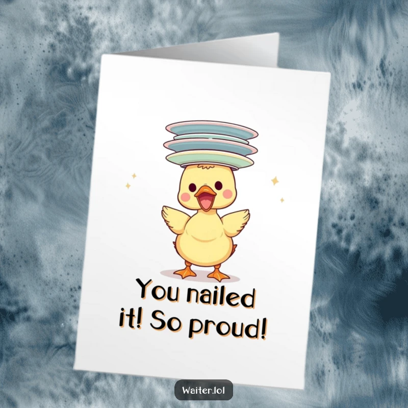 Funny Free Printable Congratulations Card with a happy duckling precariously balancing a tall stack of plates on its head, celebrating achievements.