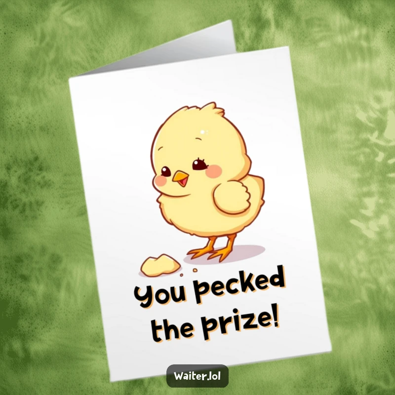 Funny Free Printable Congrats Card: A cute fluffy chick enthusiastically pecking at a dropped crumb with a happy chirp, perfect for congratulations.