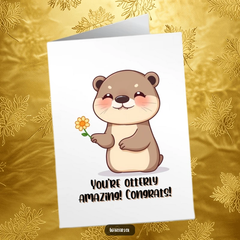 Free Printable Congratulations Card: A giggling otter presents a tiny flower with a flourish, celebrating their success with pure delight.