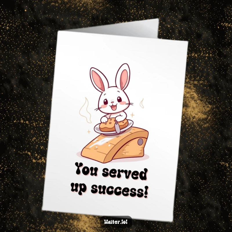 Funny Free Printable Congratulations Card: A cheerful bunny slides a hot plate down a ramp, celebrating a fast and successful outcome.