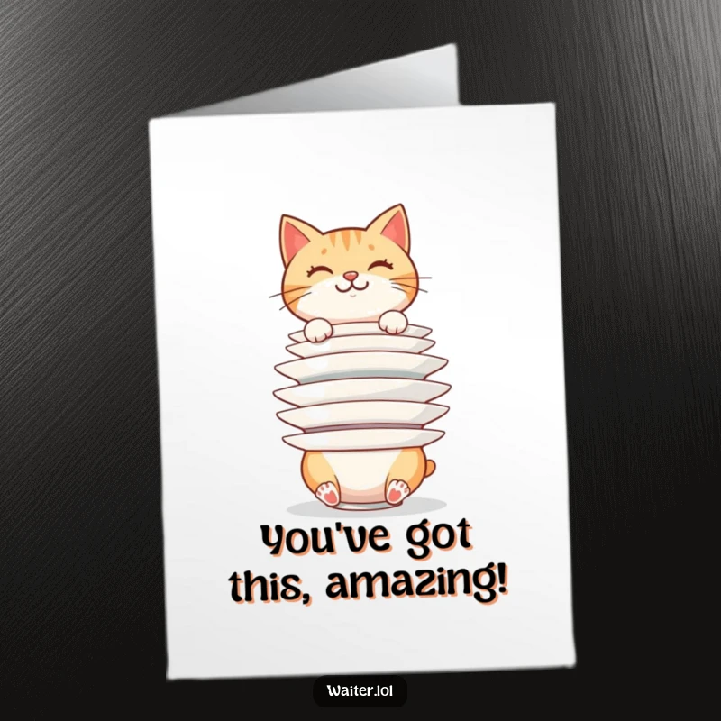 Funny Free Printable Congratulations Card: Cheerful cat balances a huge stack of plates, signifying a precarious but successful achievement.