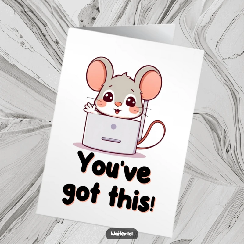 Free printable congratulations card showing a surprised mouse peeking from behind a napkin dispenser, offering a cheerful welcome gesture.