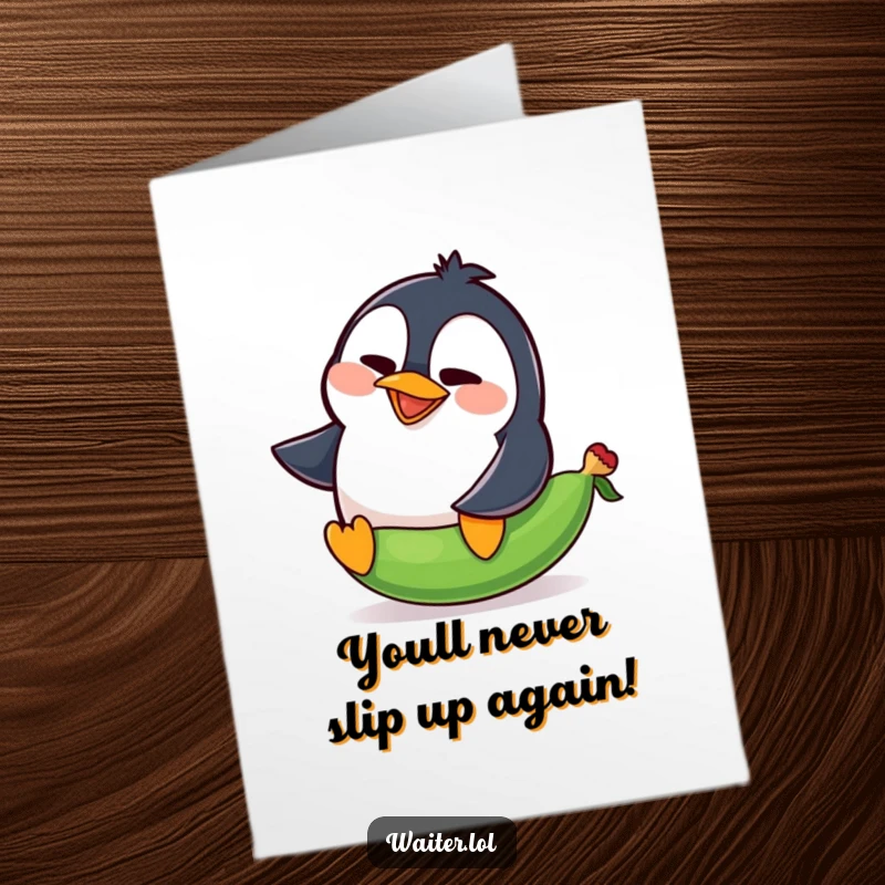 Funny Free Printable Congratulations Card: A clumsy penguin squawking as it slips on a rogue pea, celebrating success.