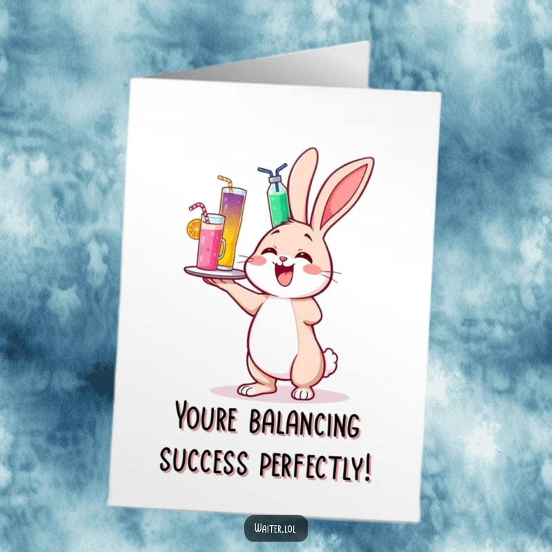 Funny Free Printable Congratulation Card: A cheerful bunny joyfully wobbles with a tray of drinks, toasting your fantastic achievement.