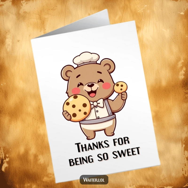 Funny Free Printable Thank You Card: Smiling bear waiter wearing a bowtie presents a huge cookie proudly.