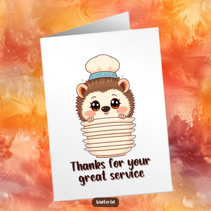 Funny free printable thank you card with a curious hedgehog waiter hidden behind a stack of plates.