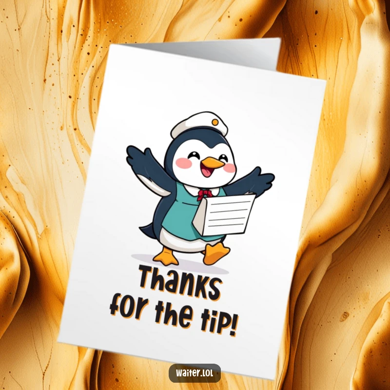 Funny Free Printable Thank You Card: A penguin waiter with a hopeful look balances a huge order form, ready to serve thanks.