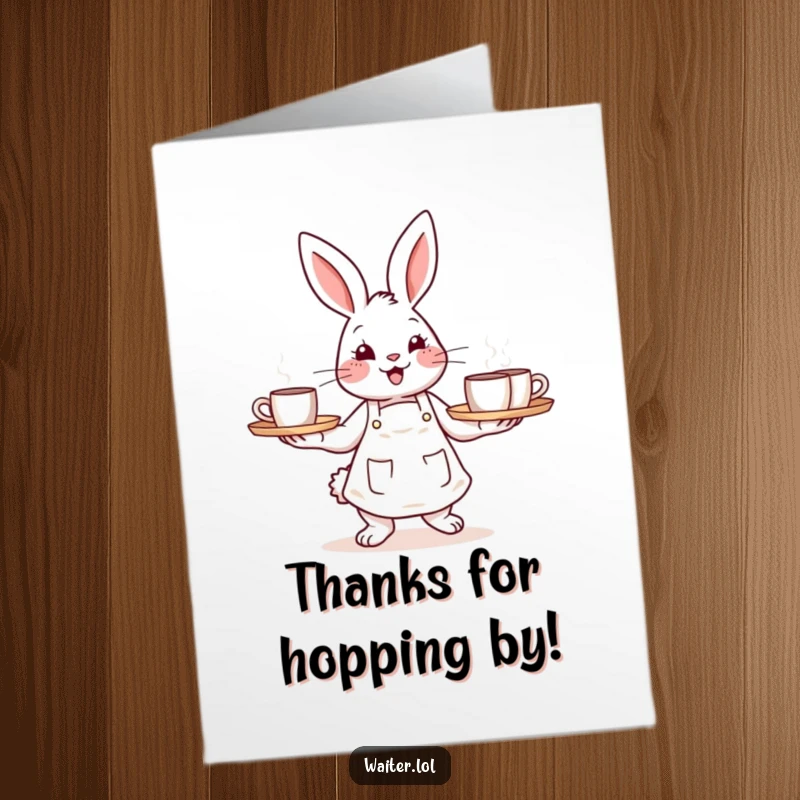 Funny free printable thank you card of a cheerful bunny barista in an apron offering a tray of hot mugs.