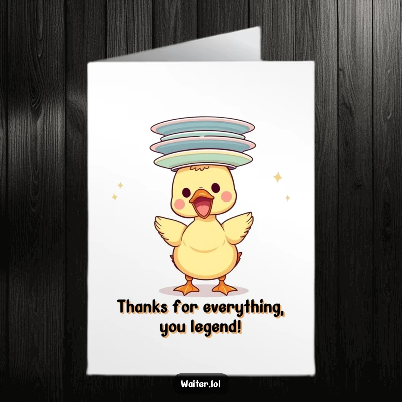 Funny Free Printable Thank You Card depicting a joyful duckling expertly balancing a teetering pile of plates on its head, a comical thanks.