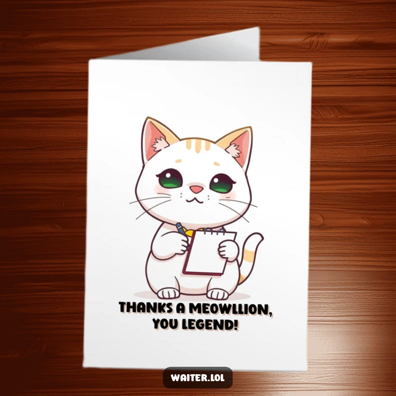 Funny Free Printable Thank You Card: A serious cat barista eagerly taking notes with a notepad.
