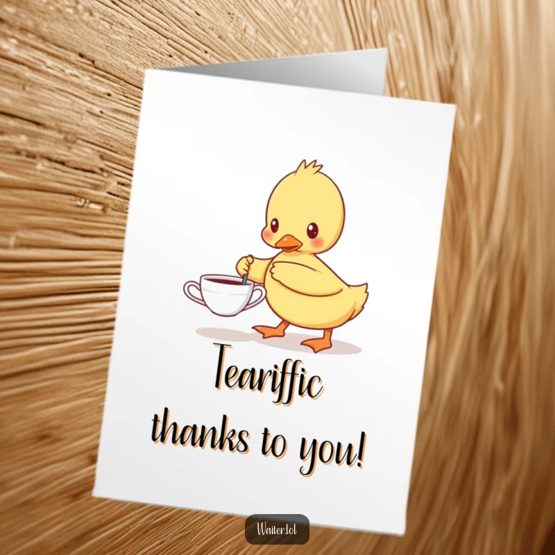 Funny Free Printable Thank You Card: Determined duckling carefully carrying a single teacup, expressing thanks, printable art.
