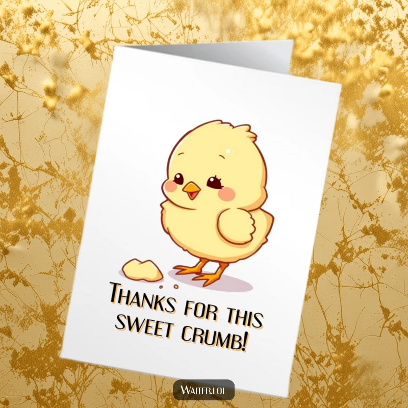 Funny Free Printable Thank You Card: A fluffy chick happily pecking at a tasty crumb with a pleased chirp, expressing thanks.