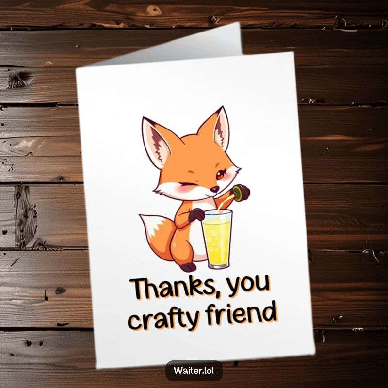 Funny Free Printable Thank You Card: Fox with a sly twinkle pouring a beverage, expressing thanks with humor, DIY gift.