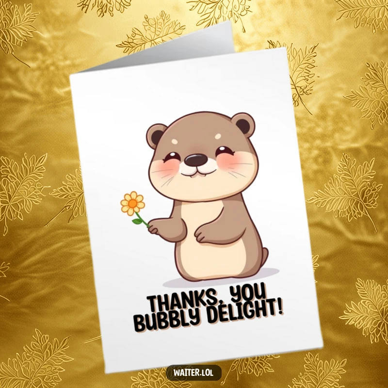 Free Printable Thank You Card: A giggling otter presents a tiny flower with a flourish, saying thanks with playful charm.