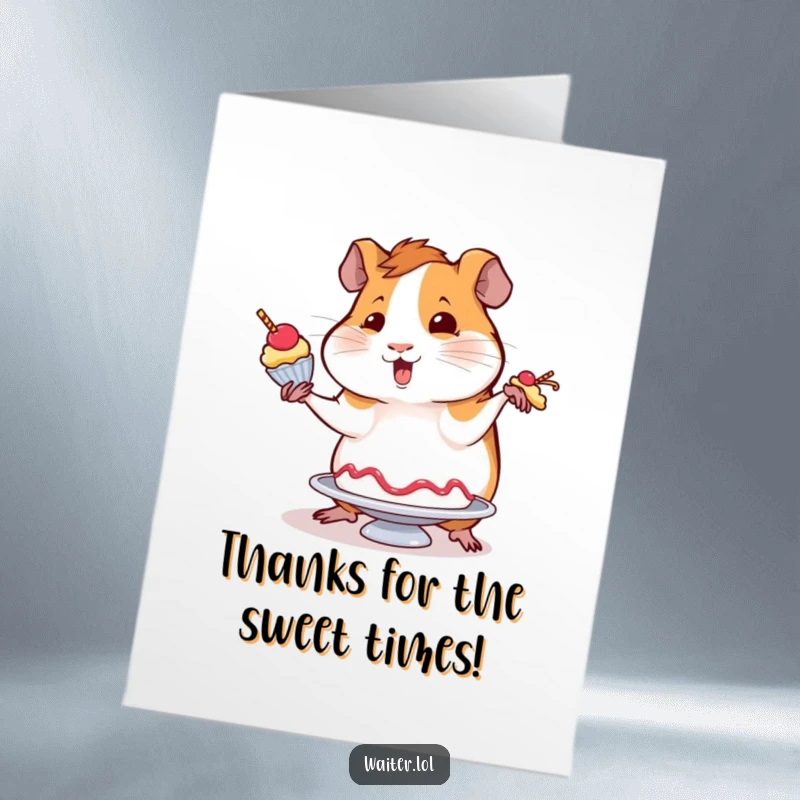 Funny Free Printable Thank You Card: Wobbly guinea pig attempting to balance a dessert with flair, sweet gesture, printable art.
