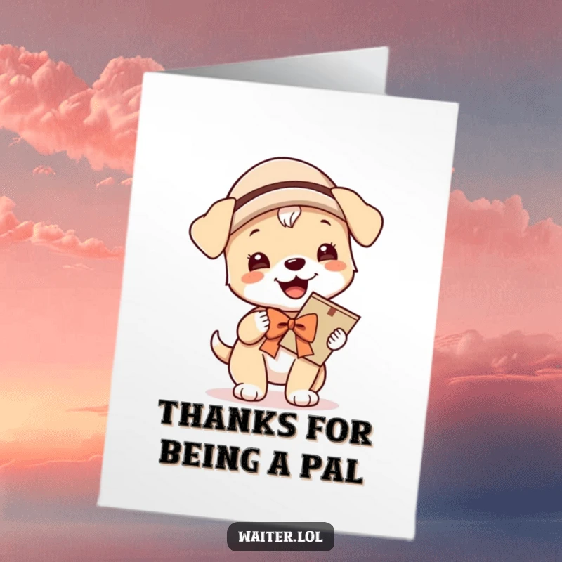 Funny Free Printable Thank You Card: A giggling puppy in festive attire proudly holds a menu, offering thanks with playful enthusiasm.