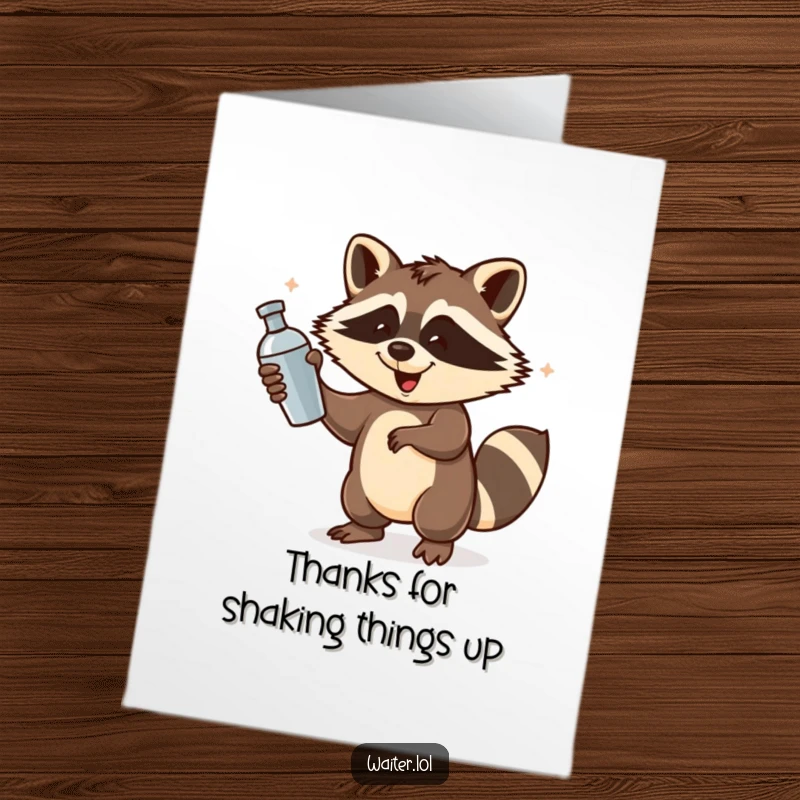 Funny Free Printable Thank You Card: A playful raccoon spins a cocktail shaker with energy, an amusing way to express thanks.