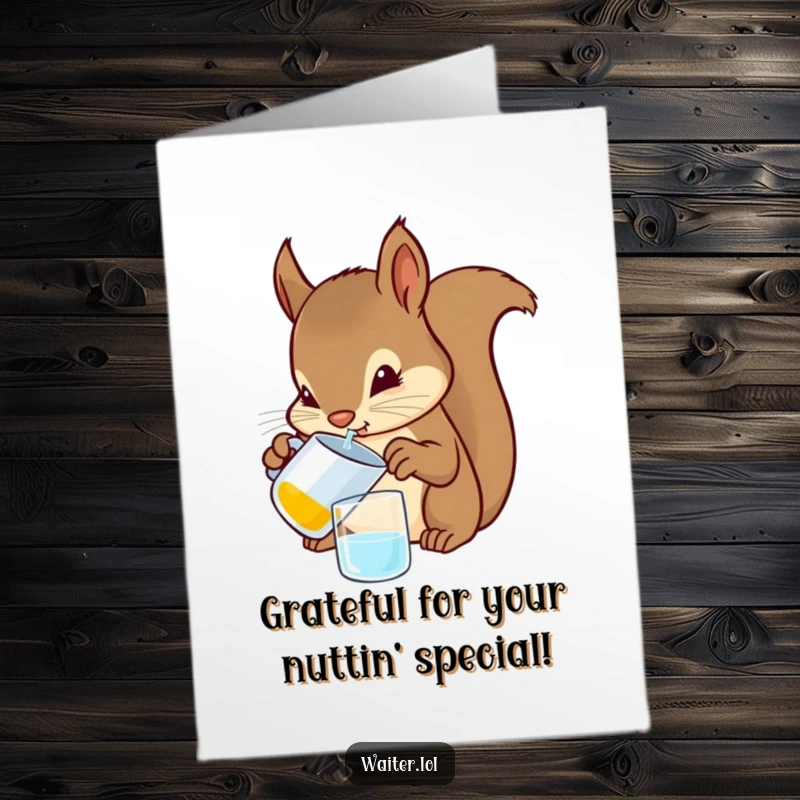 Funny Free Printable Thank You Card: A squirrel with paws focused on carefully pouring liquid from a tiny pitcher.