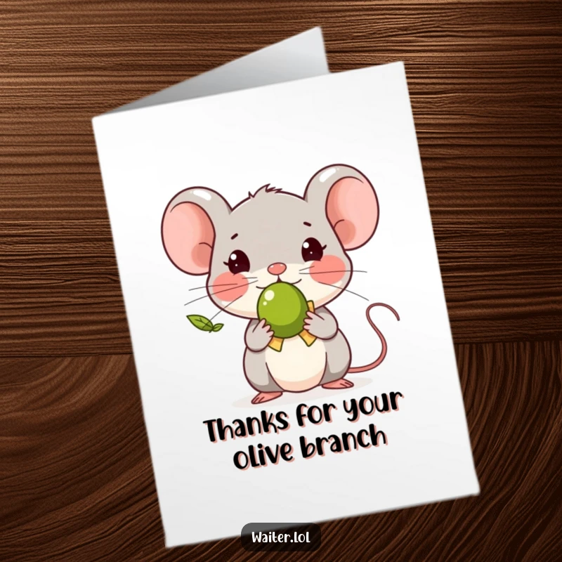Funny Free Printable Thank You Card showing a tiny mouse with a polite bow, offering one olive, for heartfelt thanks.