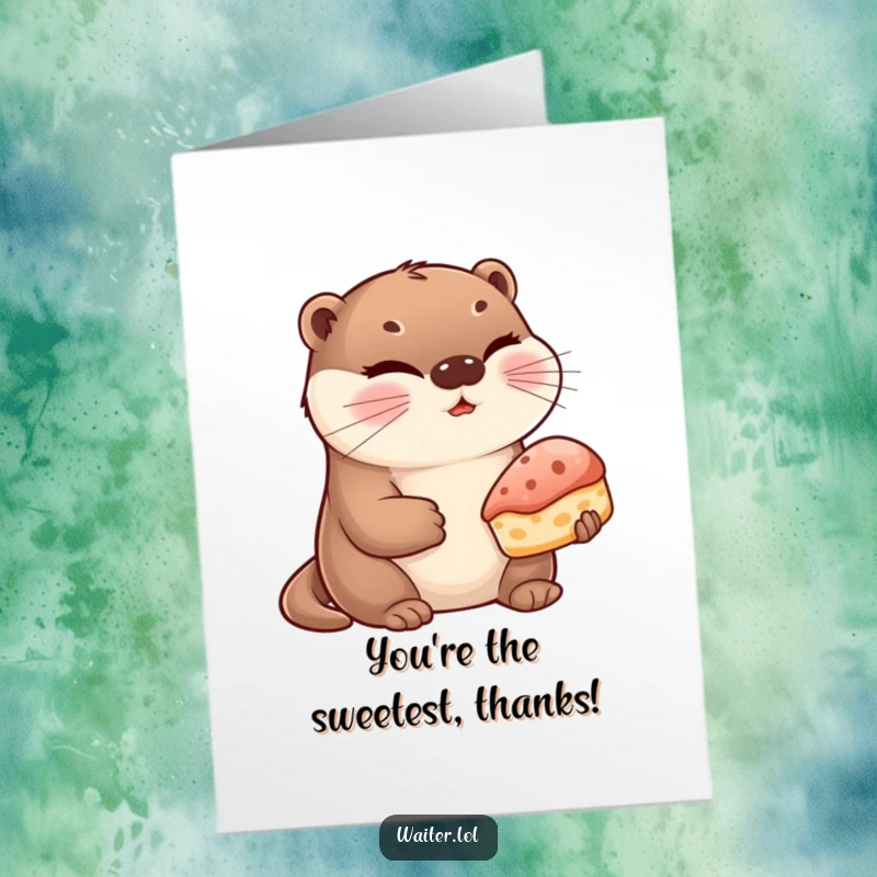 Funny Free Printable Thank You Card: A cute otter winks charmingly while presenting a delicious pastry, a humorous way to say thank you.