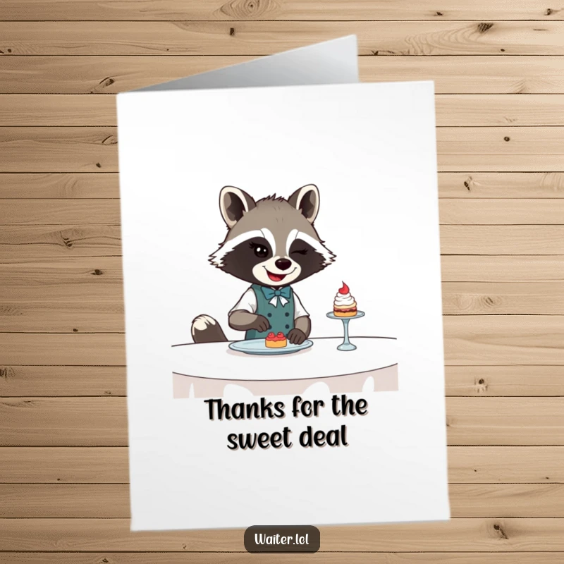 Funny free printable thank you card with a winking raccoon waiter presenting a delectable dessert.